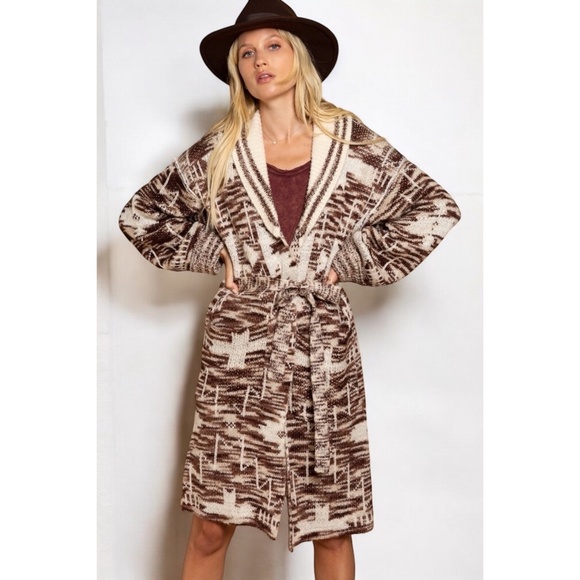 POL Beige & Brown Aztec Belted Knit Cardigan - Picture 5 of 9